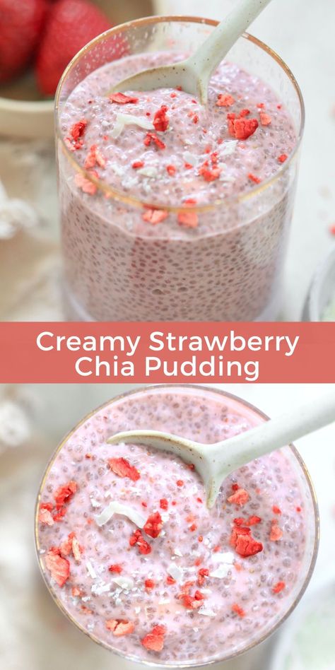 Creamy Strawberry Chia Pudding bursting with strawberry flavor thanks to blended fresh strawberries, almond milk, and strawberry Greek yogurt. Sweetened with a kiss of maple syrup and vanilla, this high fiber blend makes an amazing nourishing snack or filling breakfast! Chia Pudding Healthy Recipes, Overnight Keto Chia Pudding, Vanilla Chai Pudding, Chia Seed Jello Pudding, Fresh Strawberry Breakfast Recipes, Chia Pudding Oat Milk, Low Fodmap Chia Pudding, Strawberries And Greek Yogurt, Keto Overnight Oats Chia Pudding