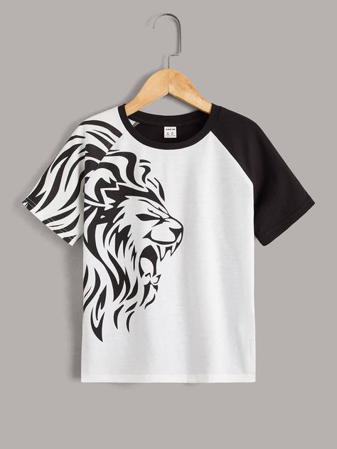 Black and White Casual  Short Sleeve Polyester Animal,Colorblock  Embellished Slight Stretch Summer Boys Clothing Lion T Shirt Design, Lion Shirt Design, Best Casual Shirts, Sports Outfits, Tees Design, Cool Shirt Designs, Black And White T Shirts, Trendy Shirt Designs, Tshirt Printing Design