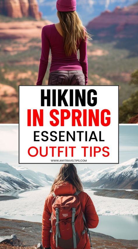 What to wear for spring hikes in March, April, and May? Save our guide for essential outfit and packing tips, plus weather advice to make your outdoor adventures enjoyable and safe! Hiking Outfit Women Spring, Hiking Spring Outfit, Utah Hiking Outfit Spring, Colorado In April Outfits, Woman Hiking Outfits, Colorado Springs Outfits, Spring Hiking Outfit Woman, What To Wear Hiking Spring, Cute Hiking Outfit Spring