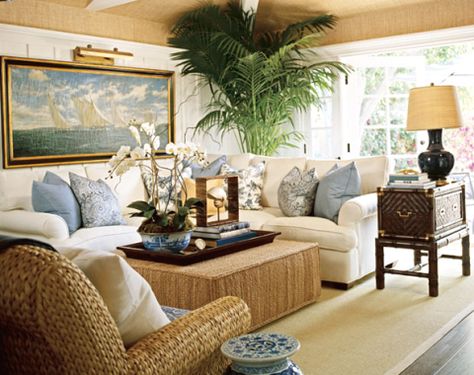 The combo of tan, white and blue makes for a pretty living area.  The beige ceiling and white beams is a cool concept. West Indies Decor, British Colonial Decor, Coastal Decorating Living Room, Barclay Butera, British Colonial Style, Coastal Living Rooms, Colonial Decor, Beach House Interior, Coastal Living Room