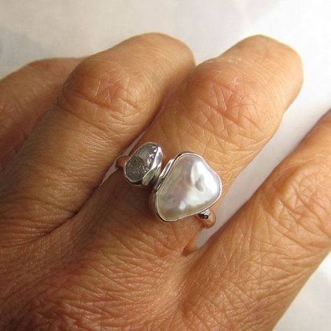 Natural Pearl Engagement Ring, Wide Band Engagement Ring Silver, Silver And Pearl Ring, Pearl Rings Silver, Silver Bezel Ring, Bezel Set Engagement Ring Silver, Silver Pearl Engagement Ring, Pearl Diamond Engagement Ring, Pearl Wedding Ring Silver