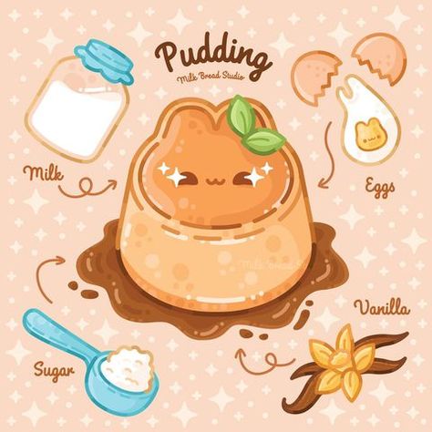 Milk Bread Studio (@milkbreadstudio) • Instagram photos and videos Egg Drawing Cute, Kawaii Art Cute Food, Cute Food Drawings Easy, Aesthetic Pudding, Pudding Cartoon, Pudding Drawing, Kawaii Food Drawings, Kawaii Food Illustration, Kojou Sara