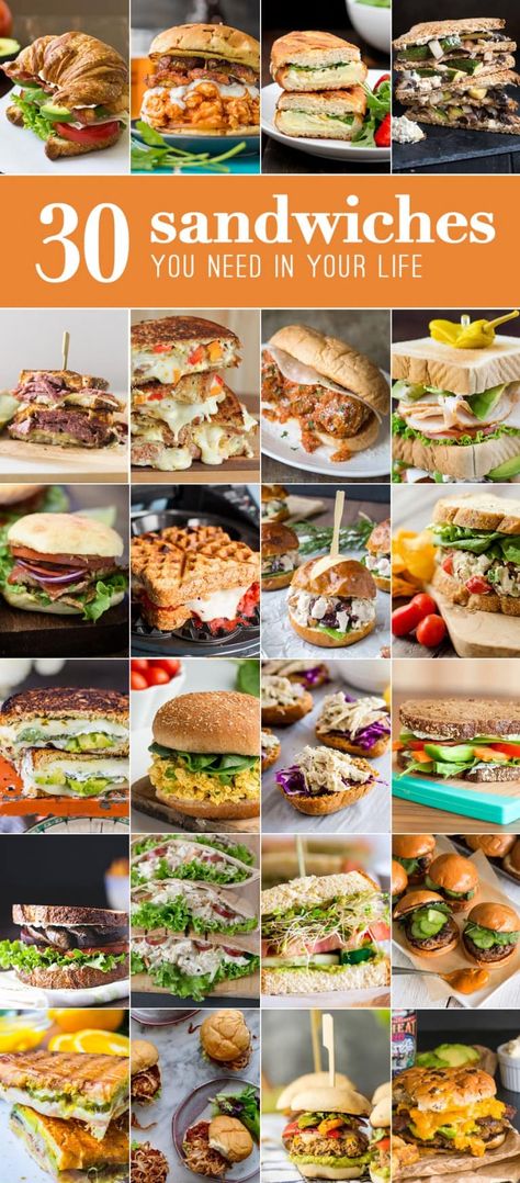 30 Sandwiches! These easy sandwich recipes are some of my favorite meals! Everything from meatball subs to creative grilled cheese recipes. ALL THE BEST SANDWICH RECIPES! Recept Sandwiches, Easy Sandwich, Best Sandwich Recipes, Buffalo Chicken Sandwiches, Easy Sandwich Recipes, Cold Sandwiches, Meatball Subs, Grilled Cheese Recipes, Healthy Sandwiches