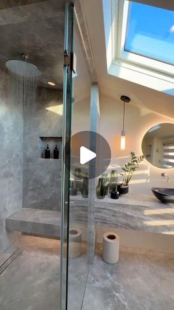 Val | London House Renovation and Interiors on Instagram: "5 IDEAS FOR CREATING A LUXURY BATHROOM 🚿 🫶🏽

This space is only 2.53m x 2.51m. The floating loo is behind me with a spotlit niche above it.  I’ve done as much as possible to make it feel bigger and luxurious.  The added skylight has helped open up the sloping ceiling to create the illusion of space. 

MITRED TILES for a FLOATING VANITY 🚰
Mitred tiles means no tile trims. It creates the illusion of one slab of stone. 
I’ve used it to create a floating vanity. 

LARGE SHOWER NICHE 🧴🧴
Niches are a handy way to store products. I’ve also added mini spotlights to highlight the products as you would ornaments on a shelf.
I have also mitred the tiles here for a seamless finish. 

DRAIN CHANNEL 🛁
Install a matching tiled drain channe Large Shower Niche, Sloped Ceiling Bathroom, Drain Channel, Sloping Ceiling, Illusion Of Space, Hill Country Homes, Wet Room, Shower Niche, Bathroom Ceiling