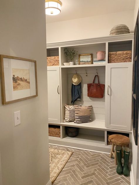 Mudroom Cabinetry, Brick Tile Floor, Herringbone Brick, Mudroom Cabinets, Mudroom Makeover, Laundry Room/mud Room, Diy Mudroom, Mudroom Laundry Room, New Paint Colors