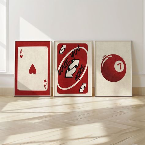 🖼️✨ "3 Piece Wall Art Set"  Retro Decor for Any Space ✨🖼️ Elevate your decor with our 3 piece wall art set featuring a stylish ace card, a vibrant "Love You More" Uno card-inspired design, and a striking magic 8 ball poster. This collection of minimalist wall art brings a touch of retro charm and modern style to any room. Perfect for those who appreciate game room decor, dorm decor, and trendy wall art, this wall art set of 3 is an essential addition for creating a dynamic and visually appeali Midcentury Modern Art Wall, Posters On The Wall Ideas, Love You More Uno Card, Cool Wall Art Prints, Wall Art Composition, Apartment Posters Aesthetic, Diy Wall Art Living Room, Retro Wall Art Ideas, Minimalist Wall Decor Ideas