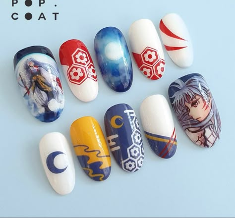 Sesshomaru Nails, Sesshomaru Nail Art, Inuyasha Inspired Nails, Inuyasha Nails, Nails Acrylic Anime Inspired, Anime Inspired Nails One Piece, Inuyasha Nail Art, Aot Anime Acrylic Nails, Anime Nails Art