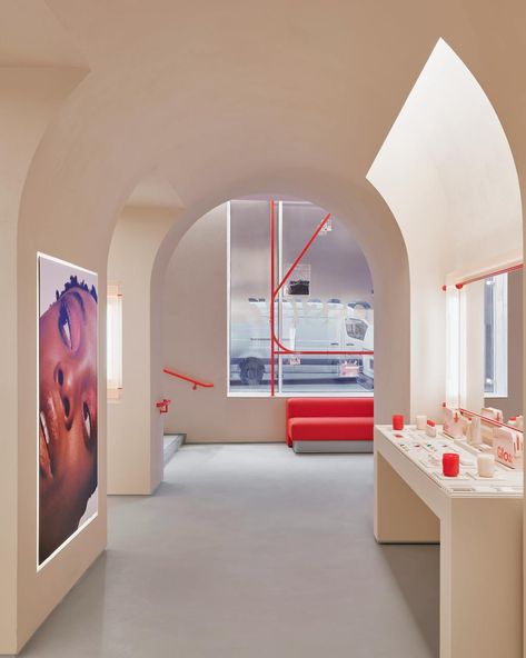 Glossier New York, Monochromatic Room, Soho Loft, Red Couch, Downtown New York, Carlo Scarpa, Retail Store Design, Kelly Wearstler, Miami Design