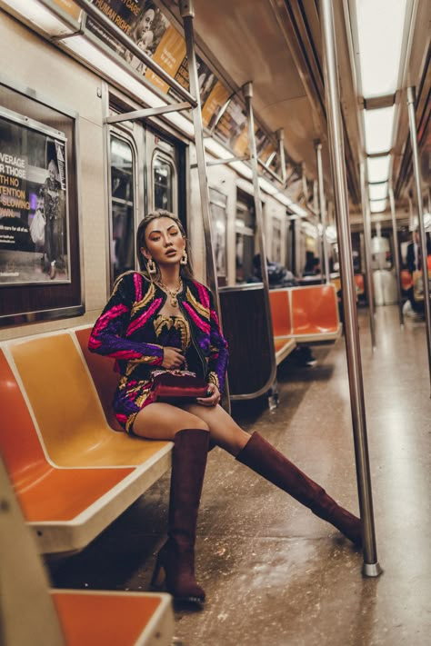 6 GORGEOUS HOLIDAY TRENDS TO KNOW BEFORE SHOPPING FOR PARTY SEASON - NotJessFashion Subway Shoot, Subway Photoshoot, Fall Photoshoot Ideas, Jessica Wang, Portret Feminin, Neon City, Pitch Dark, Subway Train, Shotting Photo