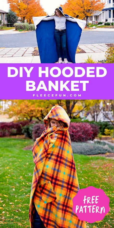 Diy Hooded Blanket, Diy Wearable Blanket, Hooded Blanket Sewing Pattern, Hooded Blanket Pattern, Fleece Sewing, Wearable Blankets, Fleece Blanket Diy, Fleece Sewing Projects, Fleece Shawl