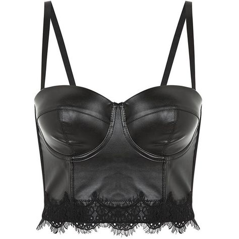 Love & Lies Black Leather-Look Lace Hem Bustier ($28) ❤ liked on Polyvore featuring tops, black bustier, strappy top, lace top, party tops and black party tops Black Party Tops, Black Bustier Top, Crop Tops Shirts, Lace Bustier Top, Party Crop Tops, Black Lace Shirt, Leather Bra, Leather Crop Top, Leather Bustier