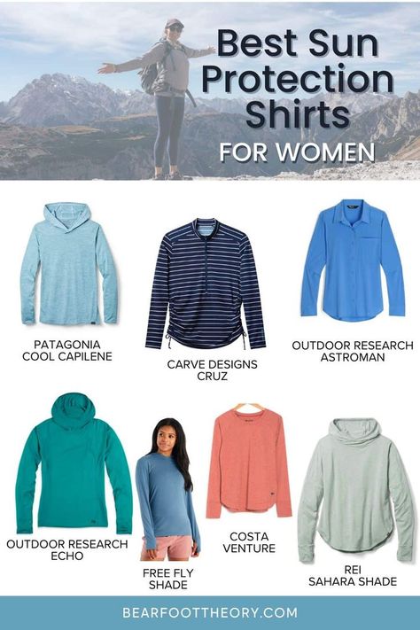 Product images of women's sun shirts with photo of woman standing on summit of mountain. Overlay text reads "Best Sun Protection Shirts for Women" Hiking Shirts Women, Uv Shirt, Hiking Outfit Women, Hiking Essentials, Backpacking Tips, Sun Shirt, Hiking Tips, Hiking Shirts, Versatile Outfits