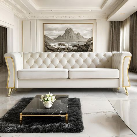 Sofa 3+2, White And Gold Living Room Ideas, Cream Sofa Living Room Color Schemes, Hollywood Glam Living Room, Formal Living Room Designs, Modern Glam Living Room, Gold Living Room Decor, Sofa Armrest, Unique Sofa