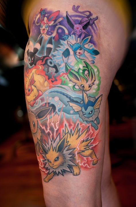 Pokemon Tattoo Eevee Evolution, Pokemon Arm Tattoo, Eeveelutions Tattoo Sleeve, Eevee Evolution Tattoo, Eevee Tattoo Evolution, Evee Evolution Tattoo, Eevee Tattoo Design, Eevee Evolutions Tattoo, Pokemon Sleeve Tattoo