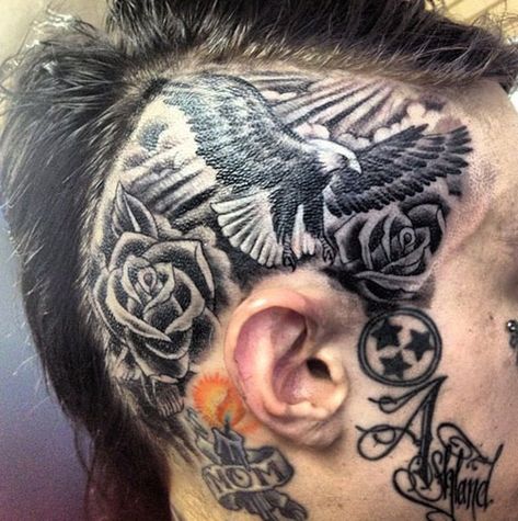 29 tattoo on the head Tattoos On Head, Side Of Head Tattoo, Trace Cyrus, Tattoo Son, Crazy Tattoos, Montgomery Clift, Head Tattoo, Neck Tattoo For Guys, Rosen Tattoo