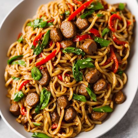 How To Make Sausage & Noodle Stir-Fry Print Cheap, versatile, and tasty, sausages are the one ingredient that will keep you satisfi Italian Sausage Stir Fry, Sausage Stir Fry Recipes, Fry Ideas, Sausage Noodles, Beef Sausage Recipes, Sausage Stir Fry, Fried Spaghetti, Geo Board, Pork Spices