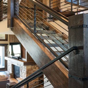 Cable Railing Staircase, Modern Wooden Staircase, Mountain Style Homes, Transitional Staircase, Rustic Staircase, Modern Mountain House, Rustic Stairs, Modern Stair Railing, Wooden Staircase