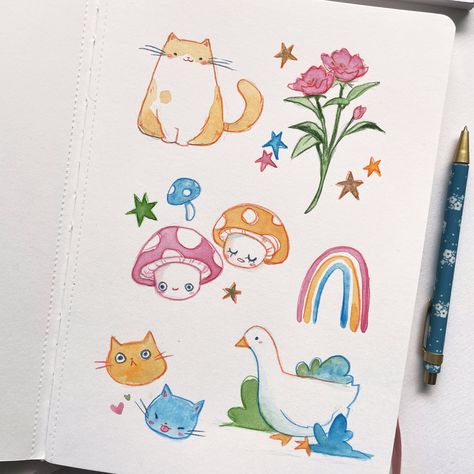 Simple Drawing Color Pencil, Cute Doodles Watercolor, Doodles With Watercolor, Watercolor Pencil Illustration, Simple Watercolor Pencil Ideas, Cute Watercolour Doodles, Cute Color Pencil Drawing, Color Pencil Illustration Simple, Simple Watercolor Doodles