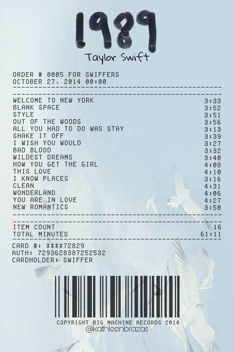 1989 Taylor Version Album Cover, 1989 Taylor Swift Aesthetic Album Cover, Taylor Swift 1989 Taylor's Version Cover, Taylor Swift 1989 Journal Ideas, 1989 Taylor Swift Song List, Taylor Swift Album Songs List, Taylor Swift 1989 Taylor's Version Album Cover, Taylor Swift Debut Receipt, Taylor Swift Present Ideas 1989