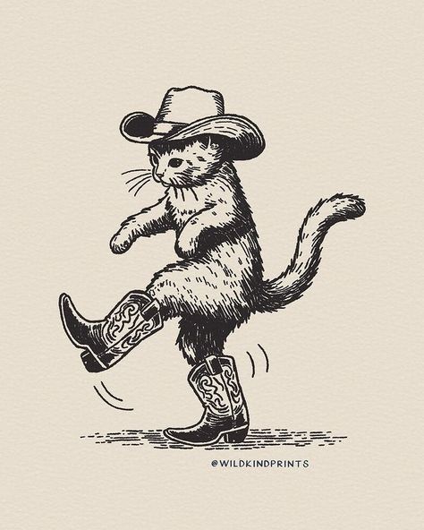 Animal In Cowboy Hat Tattoo, Cowboy Kitty Tattoo, Cowboy Diy Decor, Cowboy Aesthetic Drawing, Cowgirl Riding Horse Tattoo, Cowboy Raccoon Tattoo, Cowboy Art Reference, Gallery Wall Tattoo, Cat To Draw