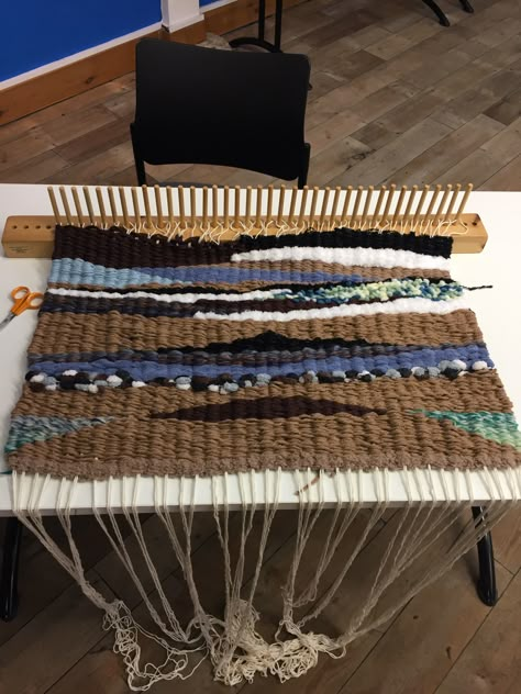 Halfway though peg loom weaving rug Peg Loom Rug, Peg Loom Weaving Patterns, Pegloom Rugs, Peg Weaving, Peg Loom Weaving, Peg Looms, Weaving Patterns Design, Weaving Loom Diy, Rug Loom