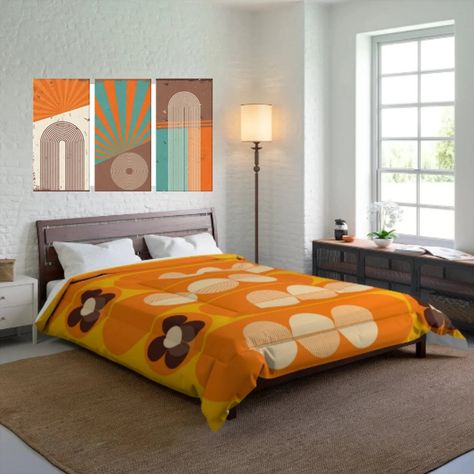 70's Bedspread Comforter, Orange, Brown, Geometric, Groovy 70s Mid Mod, Mid Century Modern Cozy up underneath our snug blanket for deep and relaxing sleep. Highlight these premium quality blankets with some unique designs and your store will be lit up with your inspiration. This comforter is the perfect solution for cold days in bed with coffee, waiting for the morning light to peak through the window and wake up the house. We add to our designs often and enjoy creating them for you Machine wash Mcm Bedroom, Mid Century Modern Home Decor, Bedspreads Comforters, Groovy 70s, Relaxing Sleep, Mid Century Modern Home, Queen Comforter, Mid Mod, Through The Window