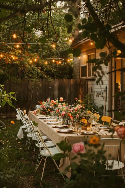 Outdoor table set for a garden party with floral centerpieces, string lights above, and surrounded by lush greenery near a wooden fence and house. 25th Backyard Birthday Party, Garden Party Entertainment, Simple Backyard Dinner Party, Small Backyard Birthday Party Setup, House Birthday Party Decorations, Fun Backyard Party Ideas, Backyard Cookout Party, Backyard Brunch Party, Small Backyard Party