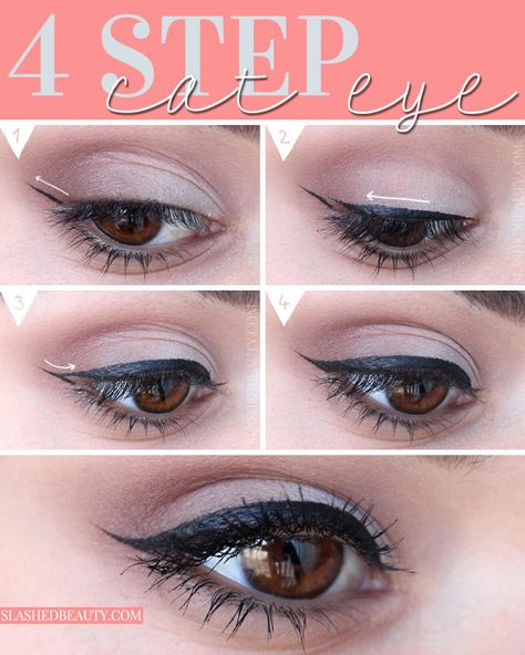 Creating a cat eye liner makeup look takes practice, but you can get it down in only 4 steps. See how to do it yourself! | Slashed Beauty Cat Liner, Easy Cat Eye, Cat Eye Makeup Tutorial, Makeup Creative, Liner Makeup, Cat Eyeliner, Makeup Easy, Cat Eye Makeup, How To Apply Eyeliner