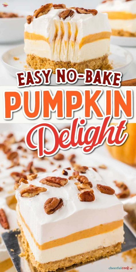 Whip up this Pumpkin Delight Dessert recipe for your next fall gathering! With layers of graham cracker crust, pumpkin and cream cheese filling, and whipped topping, it’s a perfect Pumpkin Dessert For A Crowd. Ideal for Thanksgiving or any fall party! #cheerfulcook #PumpkinLasagnaDessert #PumpkinSpiceDesserts #nobakedessert #EasyPumpkinLushDessert ♡ cheerfulcook.com Pumpkin Layered Dessert Graham Crackers, Pumpkin Graham Cracker Dessert, No Bake Pumpkin Delight, Pumpkin Delight Dessert Recipe, Pumpkin Delight Dessert, Delight Dessert Recipe, Fall Desserts For A Crowd, Pumpkin Lasagna Dessert, Pumpkin And Cream Cheese