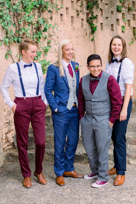 Wedding Suit Women Masc, Masc Lesbian Cocktail Attire, Gender Neutral Cocktail Attire, Queer Wedding Fashion, Queer Suits Wedding, Masculine Wedding Outfit For Women, Masc Lesbian Wedding Suit, Butch Wedding Attire, Female Groomsman Attire