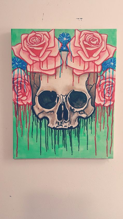 Candy Skull Painting, Simple Witchy Paintings, Simple Skull Painting, Canvas Painting Ideas Horror, Goth Canvas Paintings, Skull Painting Acrylic Easy, Spooky Art Paintings, Painting Ideas Skull, Trippy Flower Painting