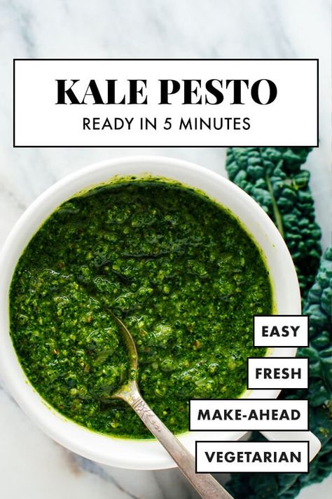 Extra kale? Make this EASY kale pesto recipe! Ready in about 5 minutes, this kale pecan pesto is a delicious way to eat your greens. Use it like regular basil pesto—it's great on pasta, pizza, grilled cheese sandwiches and more! #kalepesto #pestorecipe #kalerecipe #eatyourgreens #cookieandkate Pecan Pesto, Kale Pesto Recipe, Pizza Grilled Cheese, Cookie And Kate, Kale Pesto, Grilled Cheese Sandwiches, Pasta Pizza, Kale Recipes, Vegan Parmesan