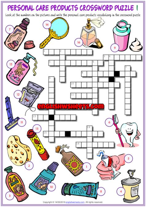 Personal Care Products ESL Crossword Puzzle Worksheets Personal Hygiene Worksheets, Vocabulary Games For Kids, Printable Crossword Puzzles, Word Search Puzzles Printables, Test For Kids, Esl Vocabulary, Kids Worksheets Printables, Picture Dictionary, Grammar Book