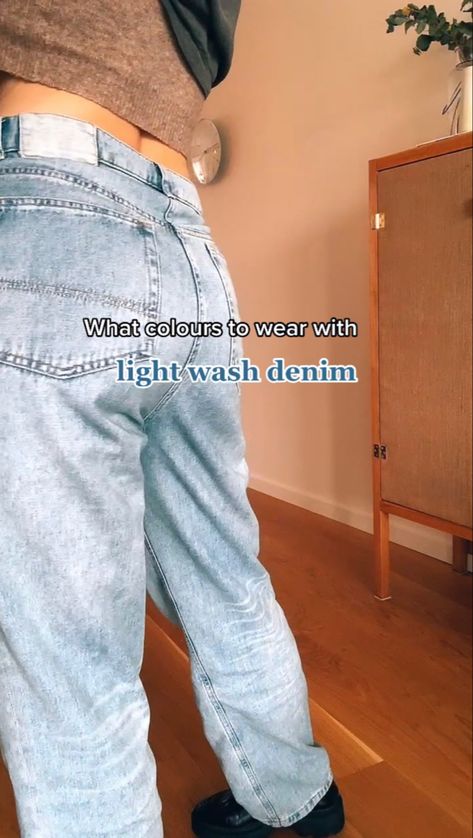 A video of a woman trying on different colours that matches her light wash jeans, minimal outfits, outfit ideas, everyday outfits, Pinterest outfits, Pinterest aesthetic, casual outfit, soft street wear Light Coloured Jeans Outfit, White Washed Jeans Outfit, Washed Out Jeans Outfit, How To Style Light Wash Jeans, Faded Blue Jeans Outfit, Light Wash Mom Jeans Outfit, Light Baggy Jeans Outfit, How To Style Light Blue Jeans, Style Light Wash Jeans