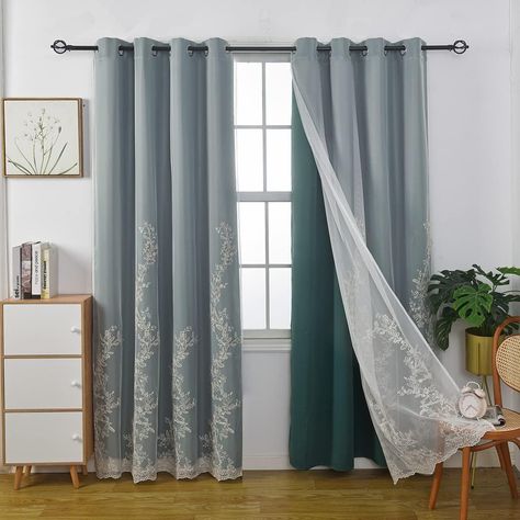 Amazon.com: GYROHOME Mix and Match Curtains with Embroiered Sheer Voile, Double Layer Room Darkening Drapes Grommet Top Thermal Insulated for Bedroom, 2Panels, 52x63inch, Dark Green : Home & Kitchen Mix And Match Curtains, Layered Curtains, Window Types, Sheer Curtain, Room Darkening, Sheer Curtains, Blackout Curtains, Bedroom Makeover, Drapes Curtains