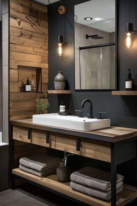 Modern Bathroom Design for Small Spaces: Maximizing Function and Style - Quiet Minimal Open Concept Bathroom, Rustic Interior Design, Masculine Bathroom, Dark Bathroom Ideas, Masculine Interior, Open Bathroom, Dark Bathrooms, Bathroom Layouts, Cabin Bathrooms