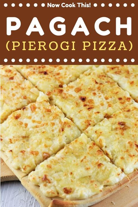 Pagach - aka Pierogi Pizza - is pizza crust topped with cheesy mashed potatoes and buttery sautéed onions and then baked until it's golden brown and delicious. If you've never heard of it or tried this traditional Slavic dish, you're in for a real treat! Get the recipe and give it a try! Pagach Recipe, Pierogi Pizza, Club Classics, Sautéed Onions, Slovak Recipes, Pierogi Recipe, Crispy Pizza, Meatless Meal, Cheesy Mashed Potatoes