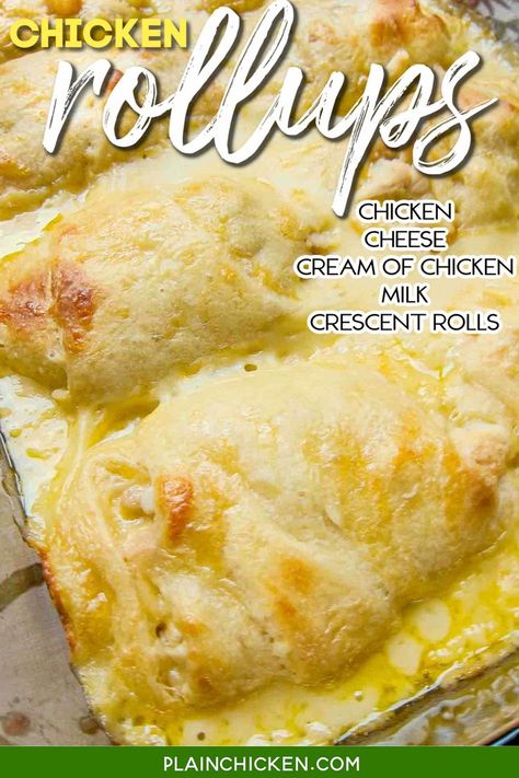 Chicken Roll Ups – chicken, cheese, milk, cream of chicken soup, and crescent rolls – Only 5 ingredients for a delicious weeknight meal that is ready in 30 minutes! I could eat the whole pan myself!! Plain Chicken Recipe, Crescent Roll Recipes Dinner, Milk Chicken, Chicken Crescent Rolls, Slow Cooker Steak, Chicken Roll Ups, Casserole Chicken, Chicken Roll, Cream Cheese Rolls