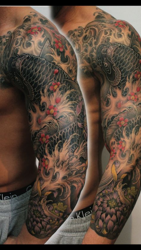 Coloured Tattoos Men, Japanese Koi Sleeve Tattoos, Japanese Tattoo Sleeve Men, Koi Fish Shoulder Tattoo, Japanese Sleeve Tattoos For Guys, Koi Sleeve Tattoo, Tattoo Sleeve Japanese, Japanese Arm Sleeve, Men’s Full Sleeve Tattoo