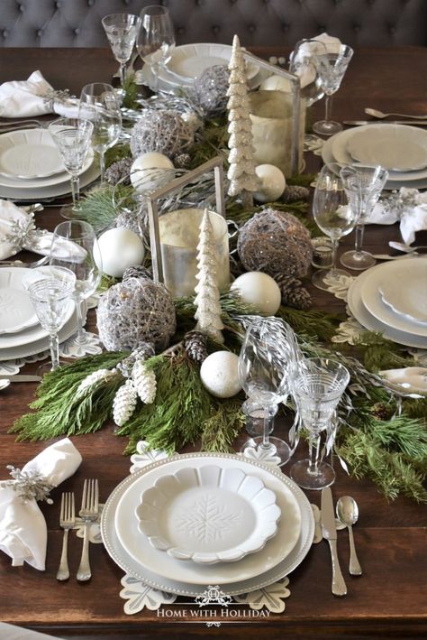 tablescape table setting winter white table decor place setting snowflakes white and silver table setting Snowflake Party, Holiday Hosting, Christmas Table Setting, Christmas Dining Table, Hosting Holidays, Christmas Tablescape, Winter Table, Christmas Centerpiece, White Christmas Decor