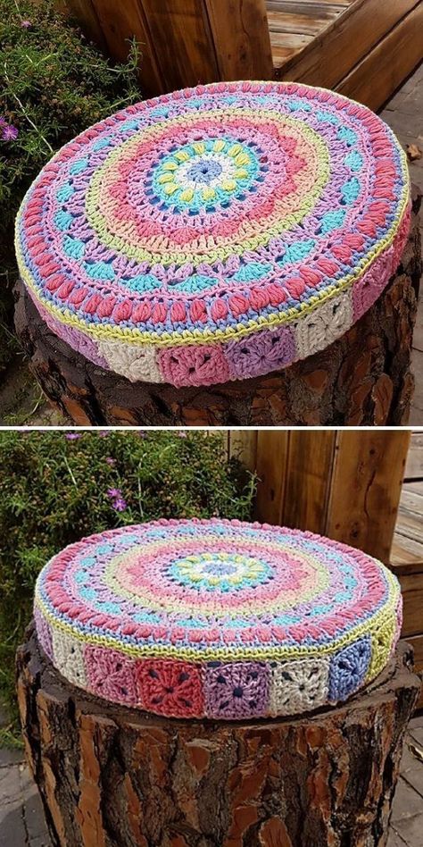 This unique cushion for circular stools will be a beautiful addition to your home or garden, especially if you’ll use such colorful palette! Rounds of ornamental stitches create a kind of mandala, so if you’re more into table decor, just stop there and put it it the living room. #freecrochetpattern #crochetpattern #crochetpillow Motif Mandala Crochet, Crochet Pillow Patterns Free, Crochet Cushion Pattern, Cushion Cover Pattern, Crochet Pillow Cover, Confection Au Crochet, Crochet Cushion Cover, Crochet Pillow Pattern, Crochet Mandala Pattern