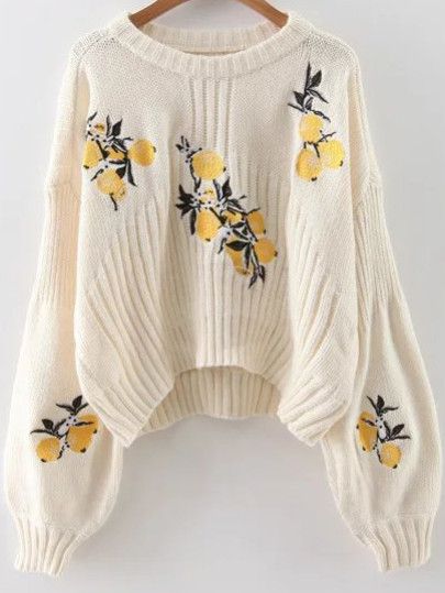 White Lemon Embroidery Lantern Sleeve Dip Hem Sweater Embroidered Lemon, Lemon Sweater, Lemon Embroidery, Short Paragraph, White Long Sleeve Sweater, Loose Pullover Sweater, Sleeves Sweater, Hem Sweater, Embroidery On Clothes