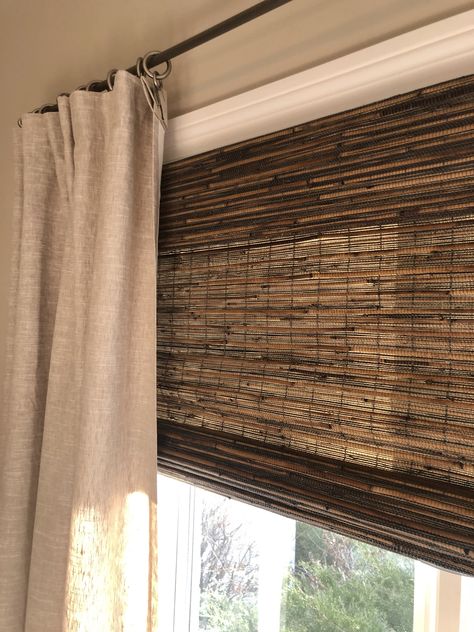 Living room woven wood shades, Long Grove, IL Jute Blinds Living Rooms, Dark Woven Blinds, Curtains With Wood Blinds, Wood Blinds With Curtains Living Room, Dark Woven Wood Shades, Drapes With Wood Blinds, Window Treatments For Dark Walls, Woven Wood Shades With Curtains, Woven Wood Shades Living Room