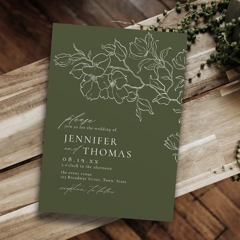 Green Bridal Showers, Dark Green Wedding, Olive Green Weddings, Rustic Boho Wedding, Spring Wedding Invitations, Wedding Country, Dark Sage, Affordable Wedding Invitations, Hand Drawn Floral