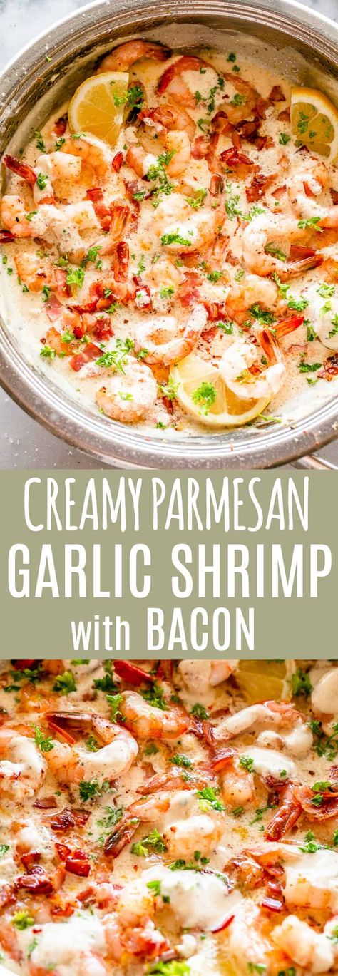 Easy Garlic Shrimp with Bacon in Creamy Parmesan Sauce - Garlicky, juicy shrimp and crispy bacon smothered in a creamy parmesan sauce! Create this restaurant quality dish in the comfort of your own home, asap. #ketodinnerrecipes #shrimprecipes #lowcarb Shrimp With Bacon Recipes, Shrimp Scampi Cream Sauce, Shrimp Bacon Linguine Recipe, Parmesan Bacon Shrimp Scampi, Shrimp In Garlic Cream Sauce, Creamy Shrimp Sauce For Steak, Shrimp Bacon Alfredo Pasta, Shrimp And Garlic Sauce, Shrimp With Cream Sauce Recipes