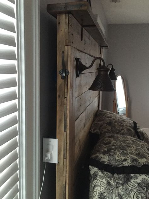 Rustic Bed With Lights, Headboard With Lamps Attached, Diy Twin Headboard With Light, Diy Headboard With Outlets, Wooden Headboard With Lights, King Headboard Diy With Lights, King Headboard With Lights, Lights Behind Headboard, Headboard With Reading Lights