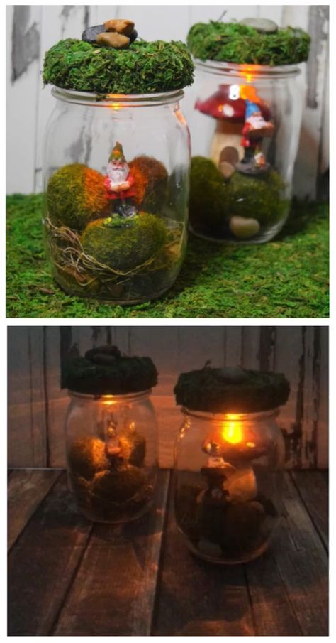 Easy Mason Jar Crafts Diy, Easy Mason Jar Crafts, Jars Diy, Diy Hanging Shelves, Fairy Garden Designs, Diy Light, Fairy Jars, Fairy Crafts, Diy Jar Crafts