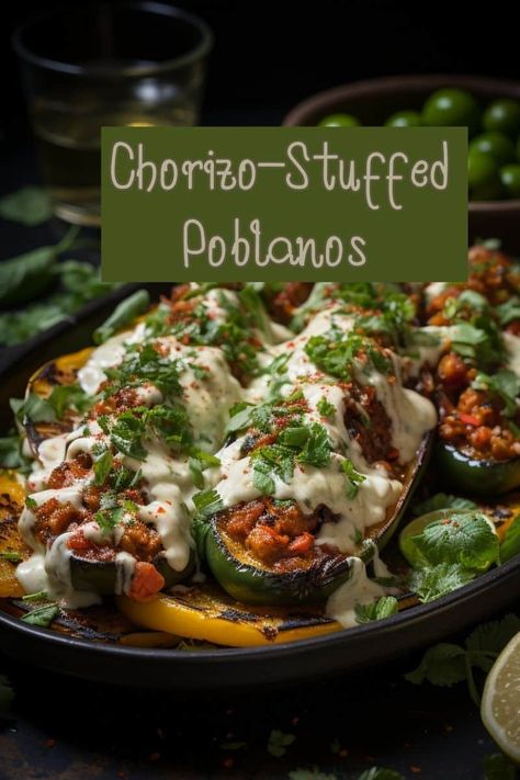 Whip up a spicy delight with our Chorizo-stuffed Poblano Peppers. Quick, easy, and irresistibly delicious! Breakfast Poblano Peppers, Stuffed Plabano Pepper Recipe, Sausage Stuffed Poblano Peppers, Chorizo Stuffed Poblano Peppers, Chorizo Appetizer Recipes, Stuffed Poblano Pepper Recipes, Chorizo Stuffed Peppers, Stuffed Peppers Appetizer, Shrimp Stuffed Poblano Peppers