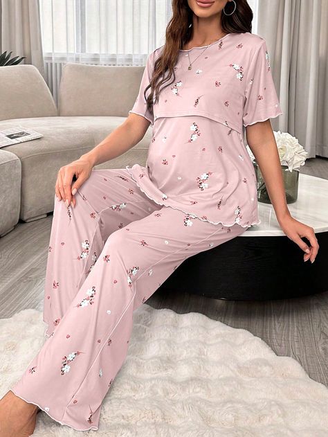 Maternity Floral Nursing Short Sleeve Pajama Set Multicolor     Plants Pant Sets Medium Stretch All Women Sleep & Lounge, size features are:Bust: ,Length: ,Sleeve Length: Nursing Pajama Set, Maternity Nursing Pajamas, Maternity Sleepwear, Nursing Pajamas, Maternity Pajamas, Lingerie Accessories, Maternity Shops, Embroidered Shorts, Pyjama Set