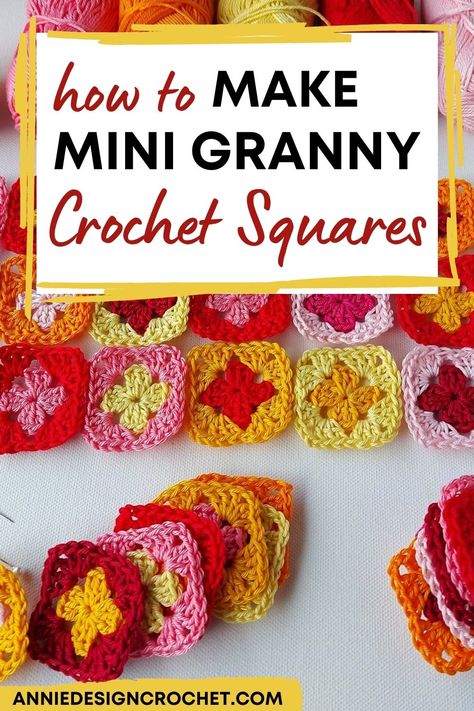 Crochet Mini Squares Pattern, Crochet For Scrap Yarn, Tiny Crochet Granny Squares, Embroidery Floss Crochet Granny Squares, Miniature Granny Square Pattern, Granys Crochet Squares Easy, Mini Granny Squares Pattern, Small Granny Square Tutorial, Embroidery Floss Granny Square